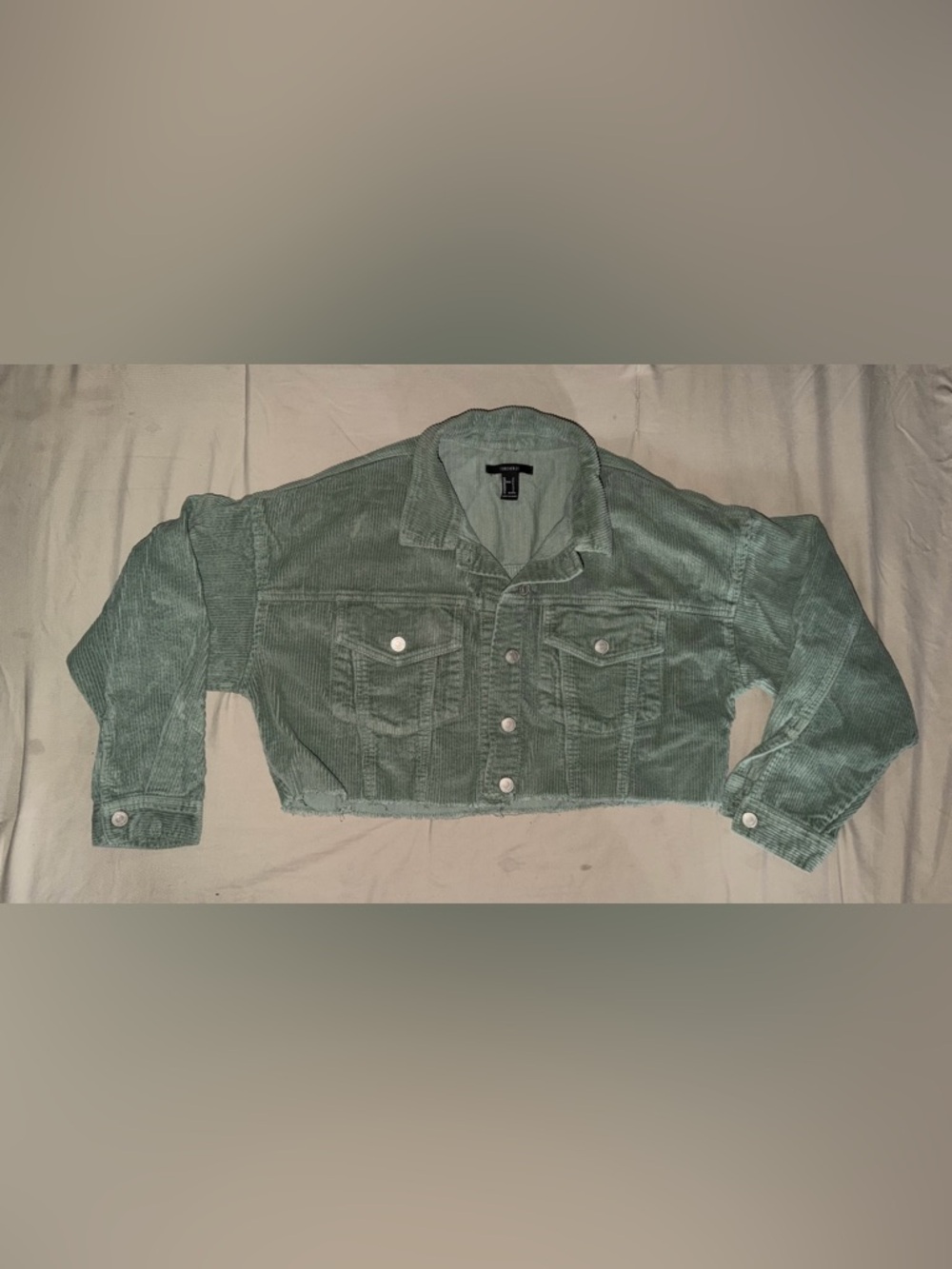Forever 21 Cropped Corduroy Jean Jacket in Sage Green